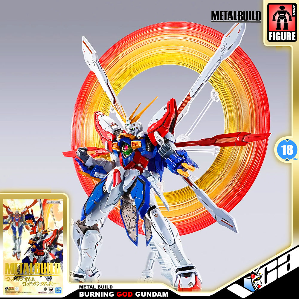 Metal Build Figure Burning God Gundam 18-inch collectible figure shown on a gray background with a red and yellow circular energy effect, plus Metal Build branding and figure count graphics.