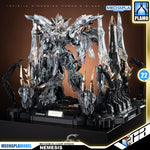 Infinite Dimension 无限新星 In Era+ RMD Nemesis 复仇女神 机械透明 Mechanical Clear Version Master Grade MG Plastic Model Action Figure Toy Kit VCA Gundam Singapore A highly detailed mechanical model display featuring a silver and black Gundam-style mecha figure with multiple weapons and a black display base, shown with promotional overlays for Mechapla Model.