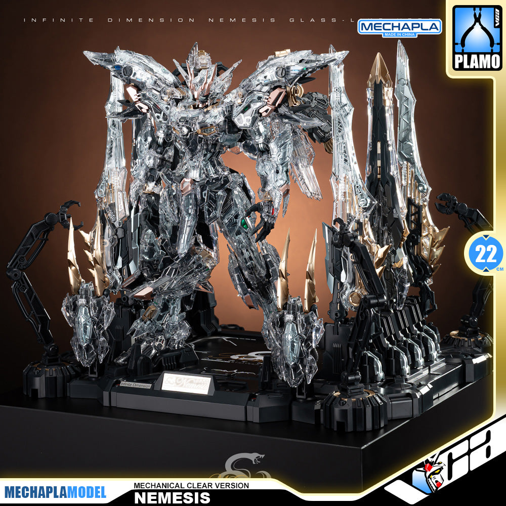 Infinite Dimension 无限新星 In Era+ RMD Nemesis 复仇女神 机械透明 Mechanical Clear Version Master Grade MG Plastic Model Action Figure Toy Kit VCA Gundam Singapore A highly detailed mechanical model display featuring a silver and black Gundam-style mecha figure with multiple weapons and a black display base, shown with promotional overlays for Mechapla Model.