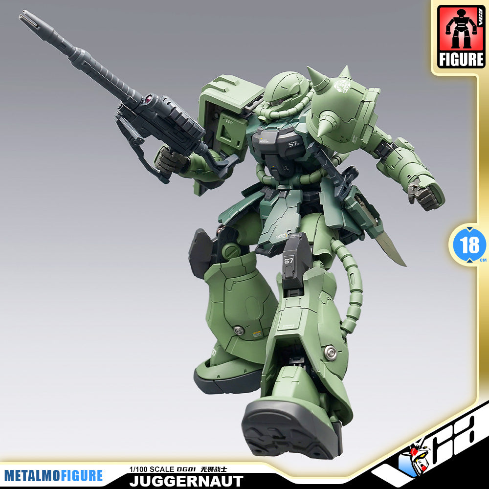 Ohtani Model 大谷模型 Juggernaut-DG01 无畏战士 MS-06 Zaku II Premium Metal Build Structure Action Figure Model Toy VCA Gundam Singapore MetalMFigure Juggernaut 1/100 scale mini-doll figure in olive green and black, posed dynamically while holding a long gun, with a gray gradient background and product branding overlays.