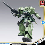 Ohtani Model 大谷模型 Juggernaut-DG01 无畏战士 MS-06 Zaku II Premium Metal Build Structure Action Figure Model Toy VCA Gundam Singapore MetalMFigure Juggernaut 1/100 scale mini-doll figure in olive green and black, posed dynamically while holding a long gun, with a gray gradient background and product branding overlays.