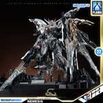Infinite Dimension 无限新星 In Era+ RMD Nemesis 复仇女神 机械透明 Mechanical Clear Version Master Grade MG Plastic Model Action Figure Toy Kit VCA Gundam Singapore A highly detailed sci-fi mecha model labeled 'NEMESIS' by Mechapla Model, featuring a metallic silver and black body with gold accents, standing on a display base against a dark gradient background.