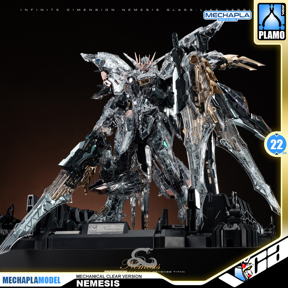 Infinite Dimension 无限新星 In Era+ RMD Nemesis 复仇女神 机械透明 Mechanical Clear Version Master Grade MG Plastic Model Action Figure Toy Kit VCA Gundam Singapore A highly detailed sci-fi mecha model labeled 'NEMESIS' by Mechapla Model, featuring a metallic silver and black body with gold accents, standing on a display base against a dark gradient background.