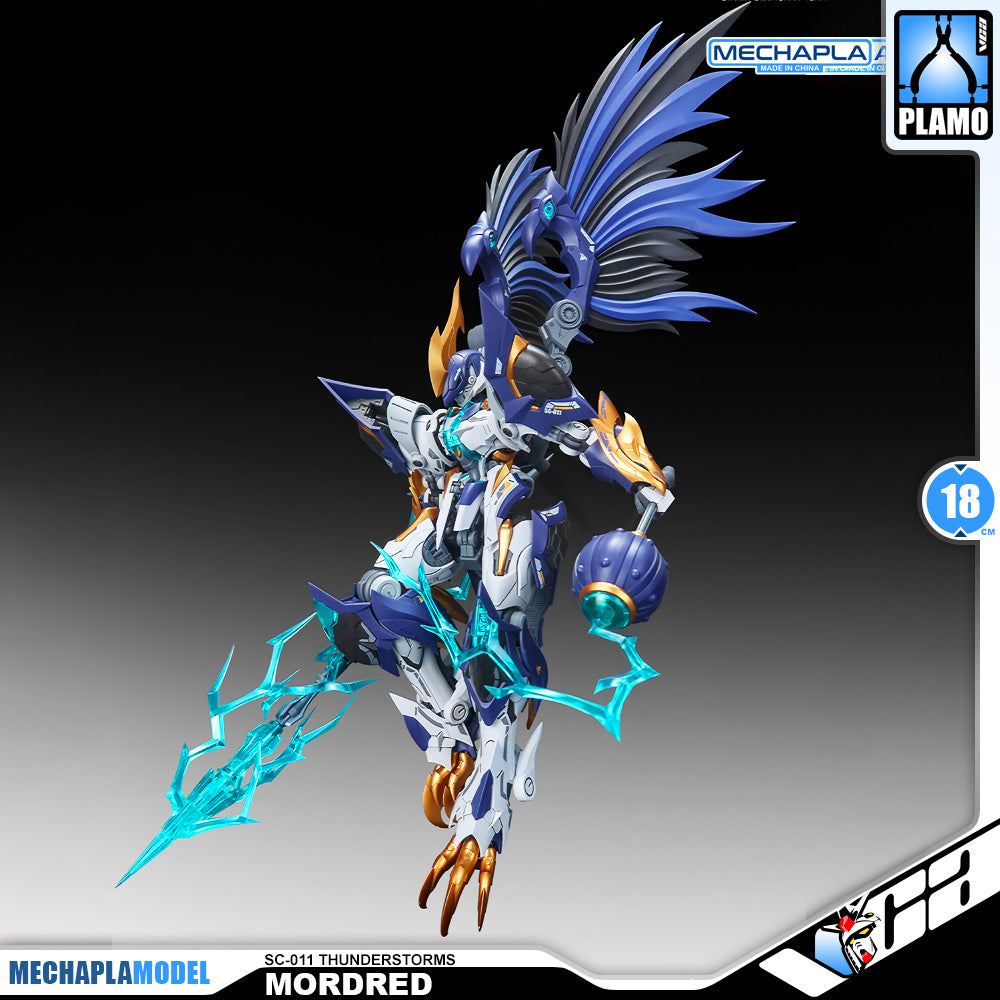 SNAA SC-011 Thunderstorms Mordred The Round Table Knight Action Figure Model Toy Kit VCA Gundam Singapore A detailed mecha model of Mordred from Mechapla Model, featuring a blue and white body with gold accents and a large blue wing structure, posed dynamically against a dark gradient background with product branding overlays.