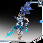 SNAA SC-011 Thunderstorms Mordred The Round Table Knight Action Figure Model Toy Kit VCA Gundam Singapore A detailed mecha model of Mordred from Mechapla Model, featuring a blue and white body with gold accents and a large blue wing structure, posed dynamically against a dark gradient background with product branding overlays.