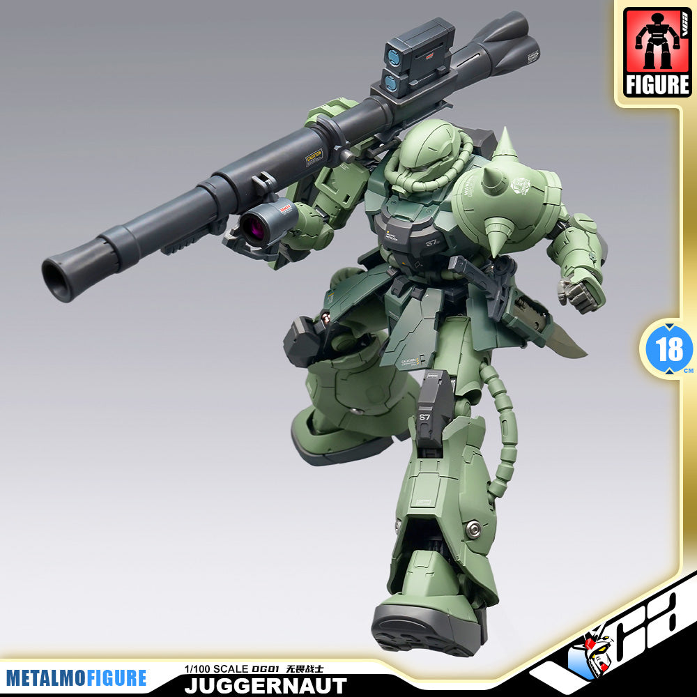 Ohtani Model 大谷模型 Juggernaut-DG01 无畏战士 MS-06 Zaku II Premium Metal Build Structure Action Figure Model Toy VCA Gundam Singapore Metallo Figure Juggernaut 1/100 scale mini figure in olive green armor with a large black rifle, shown on a gray gradient background with product branding and edition badges.