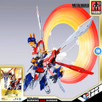 Metal Build Burning God Gundam figure set against a gray gradient background with a red and yellow energy ring effect. The box art and product packaging are visible on the left, and the Metalbuild logo is in the top right corner.