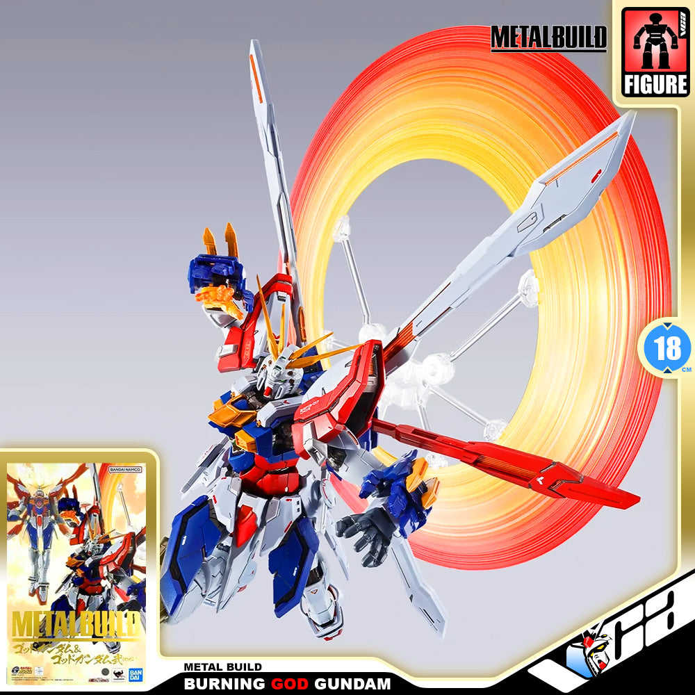 Metal Build Burning God Gundam figure set against a gray gradient background with a red and yellow energy ring effect. The box art and product packaging are visible on the left, and the Metalbuild logo is in the top right corner.
