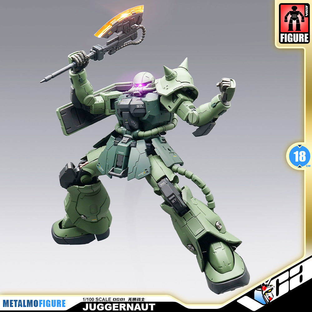 Ohtani Model 大谷模型 Juggernaut-DG01 无畏战士 MS-06 Zaku II Premium Metal Build Structure Action Figure Model Toy VCA Gundam Singapore MetalMFigure Juggernaut 1/100 scale diorama figure in olive green armor, holding a glowing orange sword, shown on a gray gradient background with product branding and badge graphics.