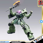 Ohtani Model 大谷模型 Juggernaut-DG01 无畏战士 MS-06 Zaku II Premium Metal Build Structure Action Figure Model Toy VCA Gundam Singapore MetalMFigure Juggernaut 1/100 scale diorama figure in olive green armor, holding a glowing orange sword, shown on a gray gradient background with product branding and badge graphics.
