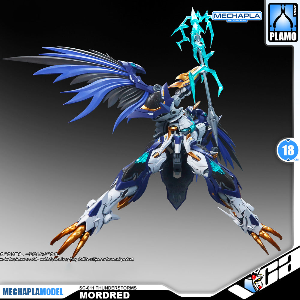 SNAA SC-011 Thunderstorms Mordred The Round Table Knight Action Figure Model Toy Kit VCA Gundam Singapore A highly detailed mecha model of Mordred from MechaPlamodel, featuring blue and white armor with gold claws and a glowing blue staff, set against a dark gradient background with brand logos.