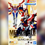 Metal Build God Gundam & God Gundam Type box art featuring two red, white, and blue mecha robots on a warm cream background, with Bandai Namco branding and large 'METAL BUILD' text.