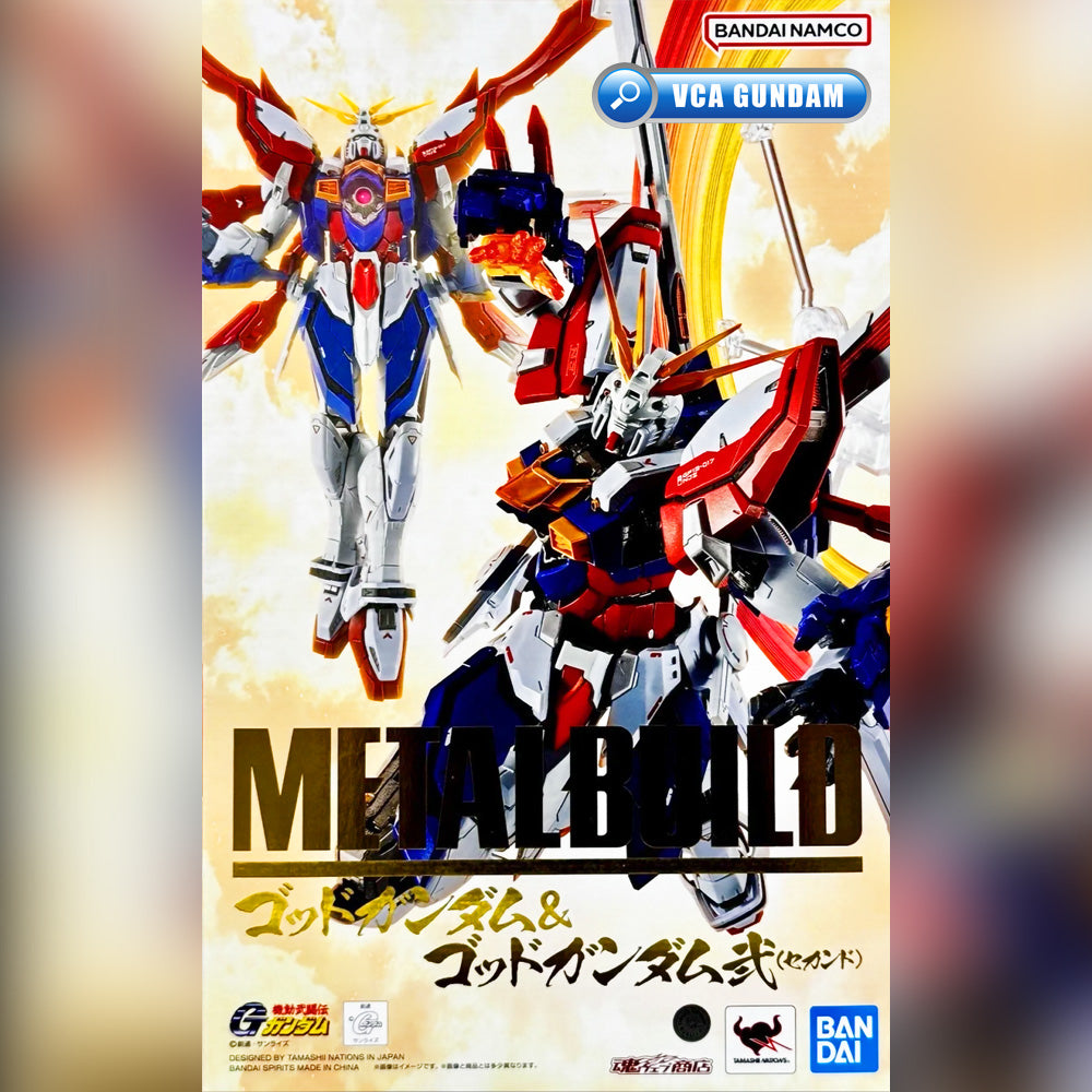 Metal Build God Gundam & God Gundam Type box art featuring two red, white, and blue mecha robots on a warm cream background, with Bandai Namco branding and large 'METAL BUILD' text.