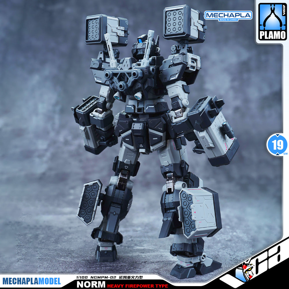 Eddas 伊达斯科技 Norm - Heavy Firepower Type 诺姆重火力型 Metal Build GM Action Figure Model Toy Kit VCA Gundam Singapore A detailed model kit of the MechaPlasma Model Norm Heavy Firepower Type mecha robot, shown in a dynamic standing pose. The robot is primarily dark gray and black with light gray and white armor plating.