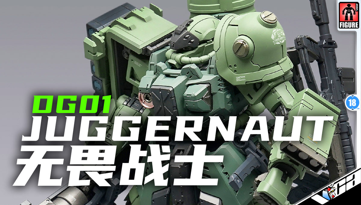 Ohtani Model 大谷模型 Juggernaut-DG01 无畏战士 MS-06 Zaku II Premium Metal Build Structure Action Figure Model Toy VCA Gundam Singapore A green mecha toy figure labeled 'OG01 JUGGERNAUT' with large white and green text overlay, shown against a gray studio-style background. The figure has a detailed sci-fi armor design and holds a weapon.
