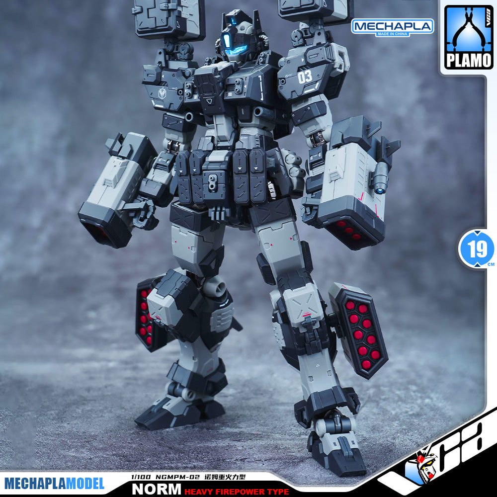 Eddas 伊达斯科技 Norm - Heavy Firepower Type 诺姆重火力型 Metal Build GM Action Figure Model Toy Kit VCA Gundam Singapore A detailed collectible mecha robot model standing in a dynamic pose on a textured gray surface. The robot is primarily dark gray and black with light gray panels, red illuminated details on the weapon and lower legs, and a small blue light on the head.