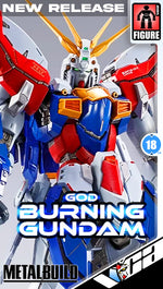 Front cover artwork for a MetalBuild figure product titled God Burning Gundam, showing a large red, white, and blue mecha robot with gold antenna details on a light gray background. Text includes NEW RELEASE, FIGURE, 18, and METALBUILD.