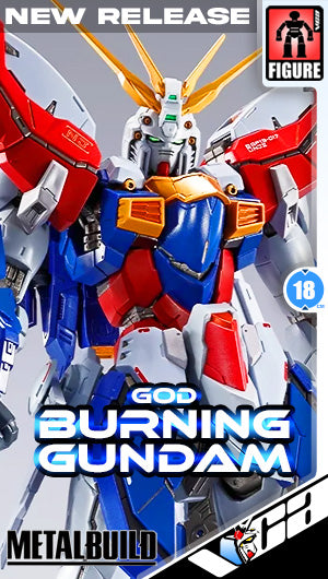 Front cover artwork for a MetalBuild figure product titled God Burning Gundam, showing a large red, white, and blue mecha robot with gold antenna details on a light gray background. Text includes NEW RELEASE, FIGURE, 18, and METALBUILD.