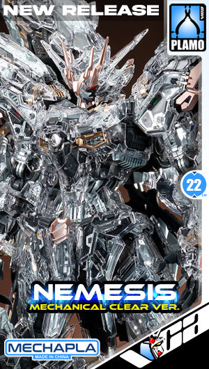 Infinite Dimension 无限新星 In Era+ RMD Nemesis 复仇女神 机械透明 Mechanical Clear Version Master Grade MG Plastic Model Action Figure Toy Kit VCA Gundam Singapore Product packaging for the Plamo 22mm scale model kit 'Nemesis Mechanical Clear Ver.' by Mechapla, featuring a highly detailed illustration of the assembled clear plastic mecha in metallic silver and rose gold tones.