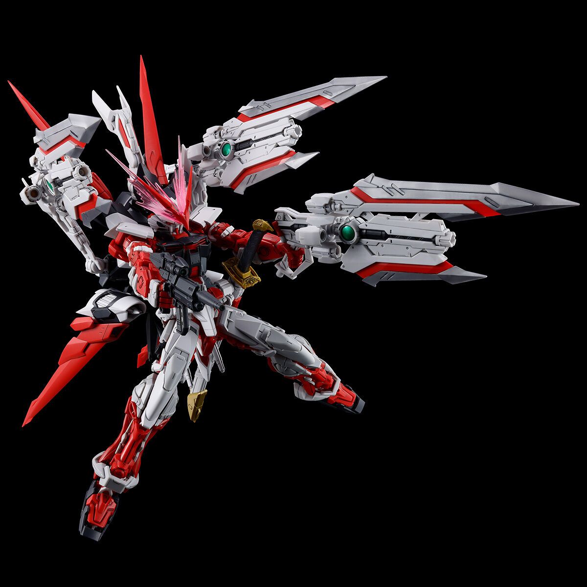 Premium Bandai Gunpla Real Grade 1/144 RG Gundam Astray Red Dragon Action Figure Model Toy Kit VCA Singapore Mechanical robot model with red and gray colors on a black background