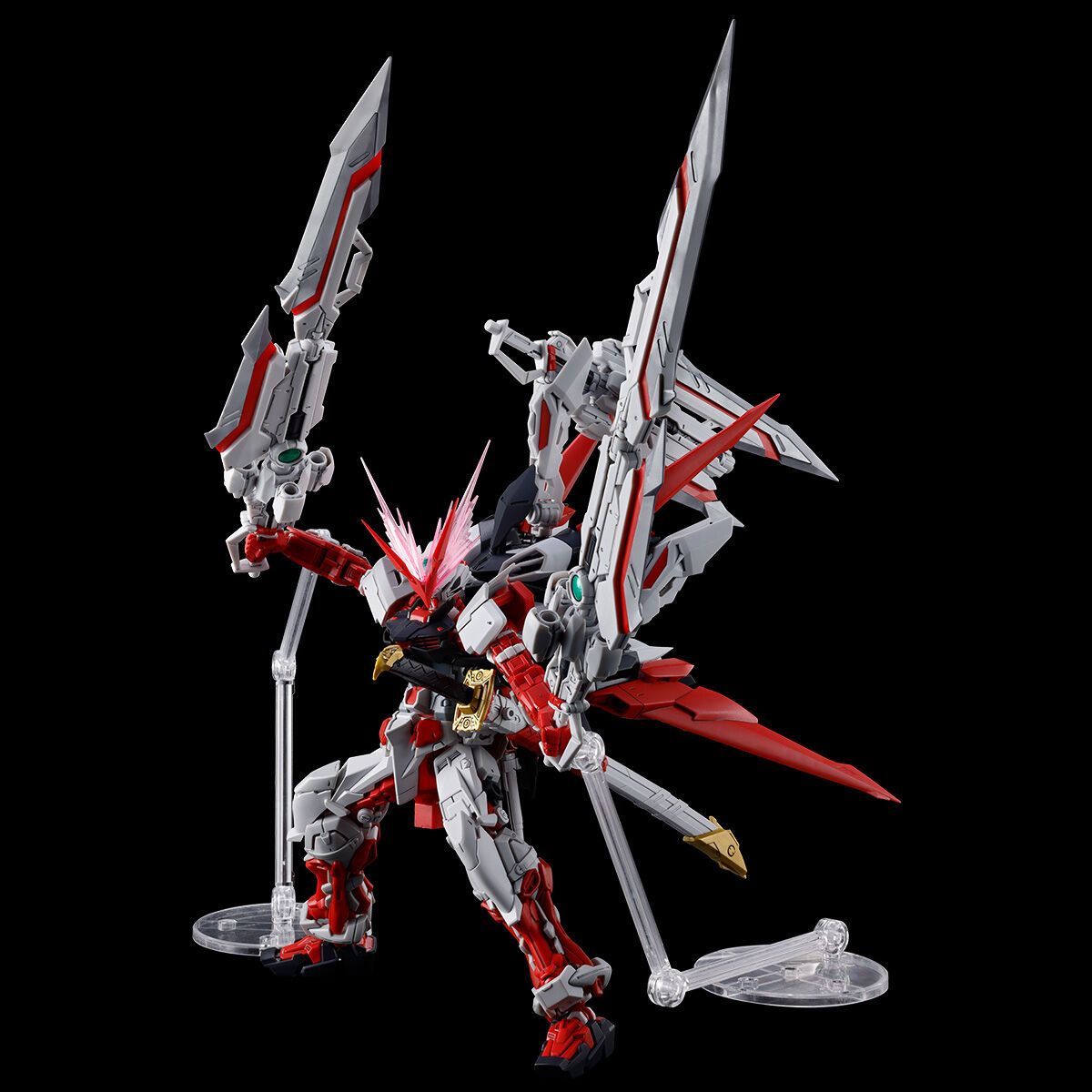 Premium Bandai Gunpla Real Grade 1/144 RG Gundam Astray Red Dragon Action Figure Model Toy Kit VCA Singapore Mechanical robot model with red and gray design on a black background