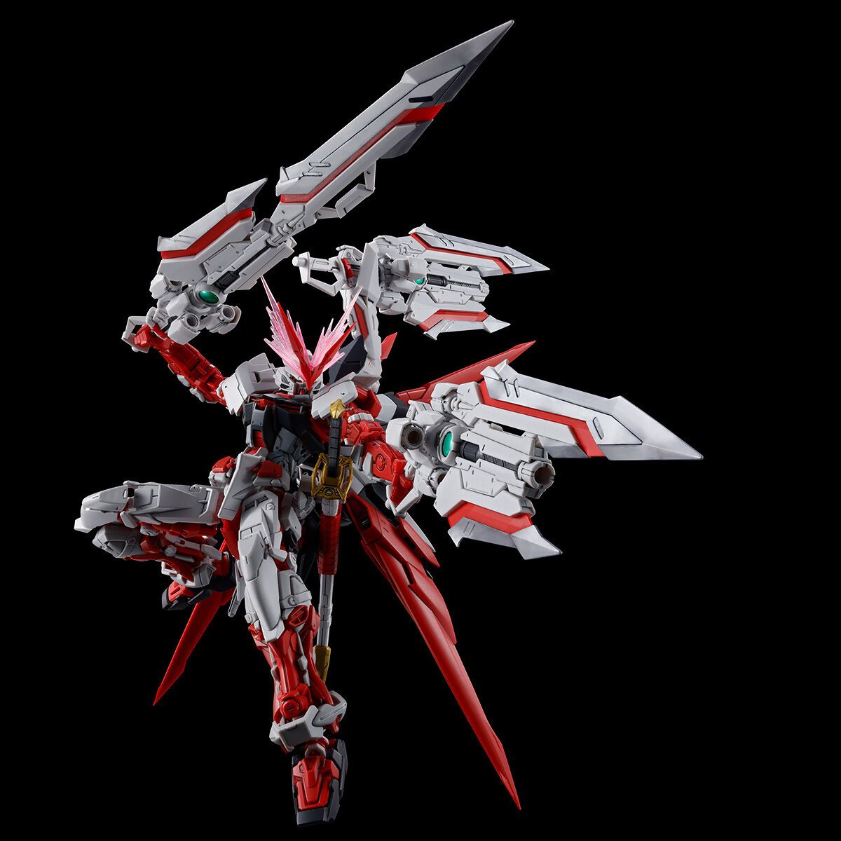 Premium Bandai Gunpla Real Grade 1/144 RG Gundam Astray Red Dragon Action Figure Model Toy Kit VCA Singapore Mechanical robot model with red and gray colors on a black background