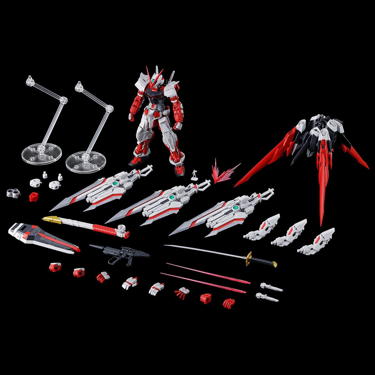 Premium Bandai Gunpla Real Grade 1/144 RG Gundam Astray Red Dragon Action Figure Model Toy Kit VCA Singapore Collection of robot action figures and parts on a black background