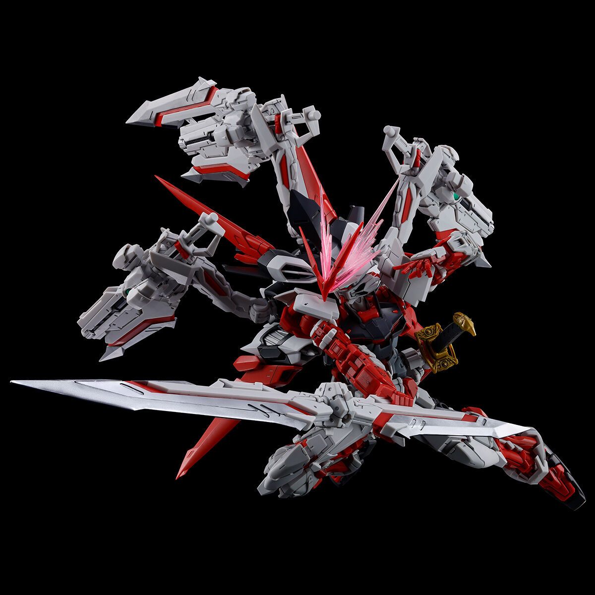Premium Bandai Gunpla Real Grade 1/144 RG Gundam Astray Red Dragon Action Figure Model Toy Kit VCA Singapore Mechanical robot model with red and gray colors on a black background