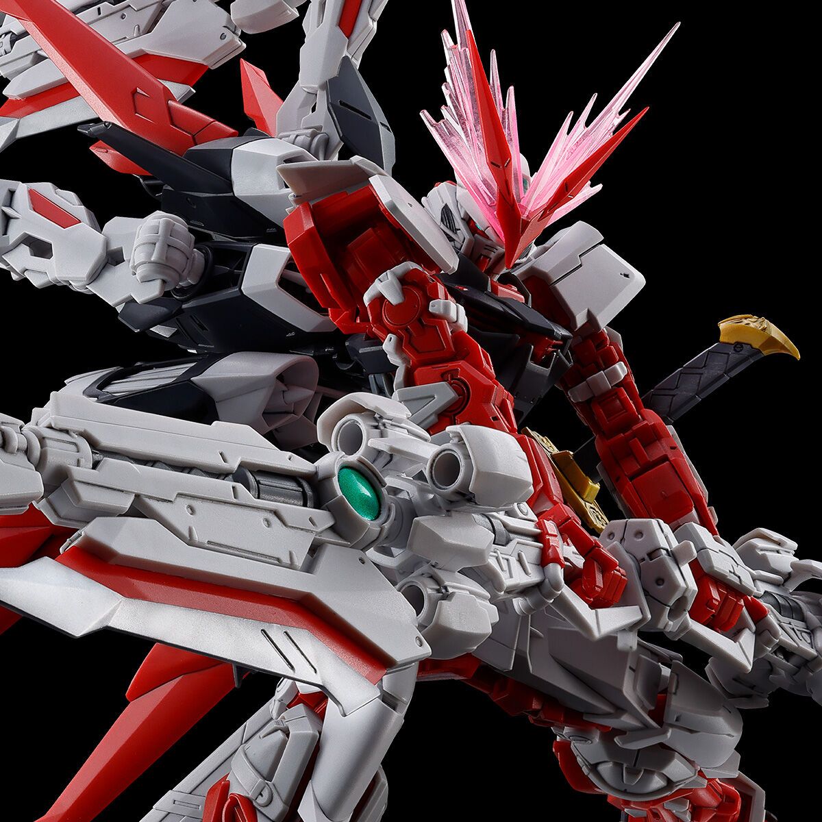 Premium Bandai Gunpla Real Grade 1/144 RG Gundam Astray Red Dragon Action Figure Model Toy Kit VCA Singapore Close-up of a red and gray robot model against a black background
