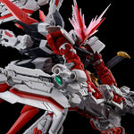 Premium Bandai Gunpla Real Grade 1/144 RG Gundam Astray Red Dragon Action Figure Model Toy Kit VCA Singapore Close-up of a red and gray robot model against a black background