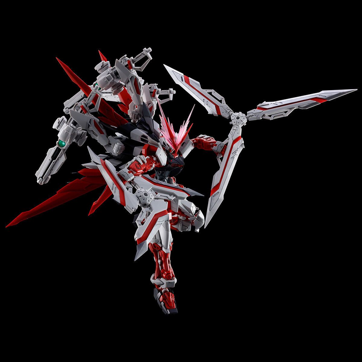 Premium Bandai Gunpla Real Grade 1/144 RG Gundam Astray Red Dragon Action Figure Model Toy Kit VCA Singapore Mechanical robot model with red and gray design on a black background